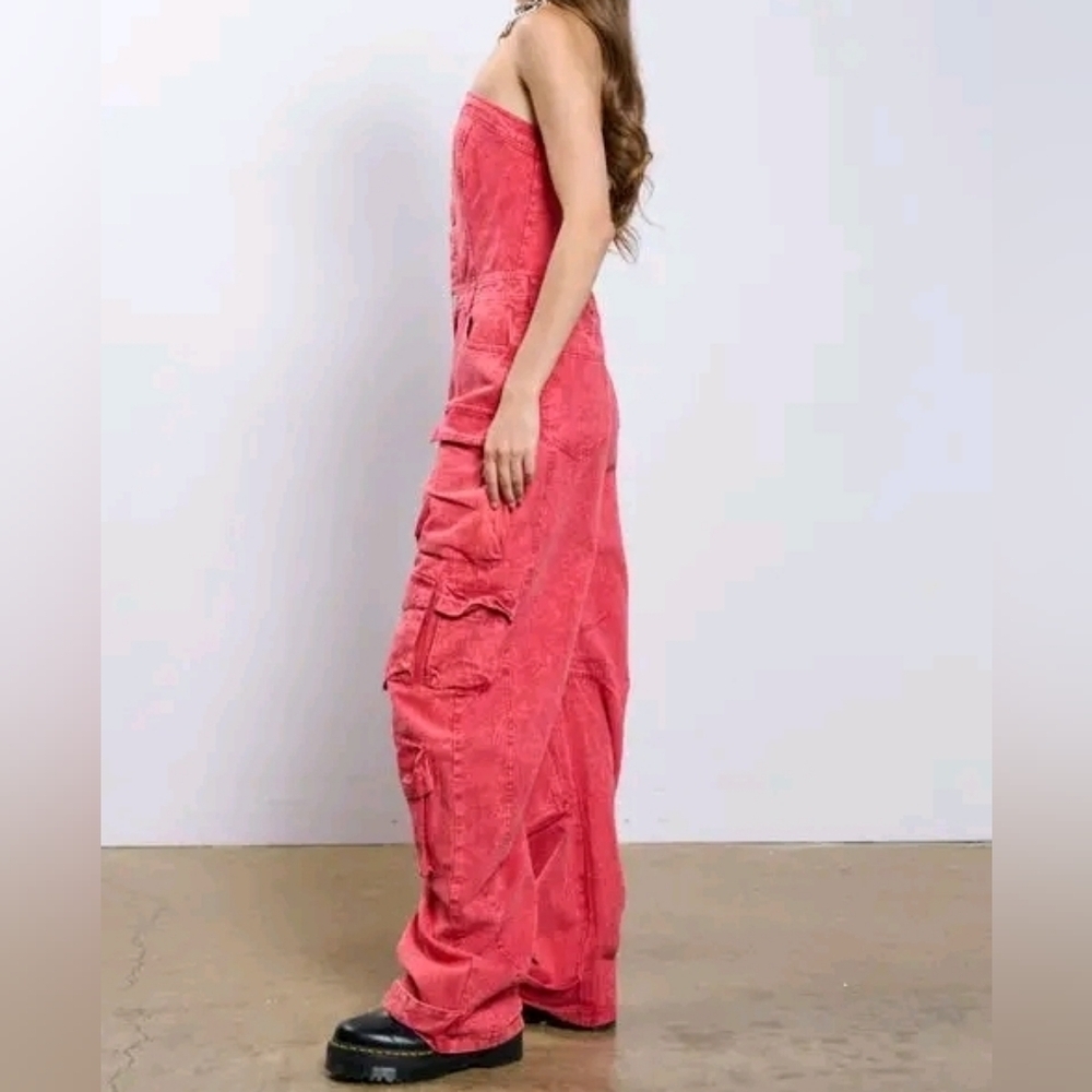 Strapless Washed Red Cargo Jumpsuit Utility Pocket Y2K Streetwear Festival - Picture 3 of 15